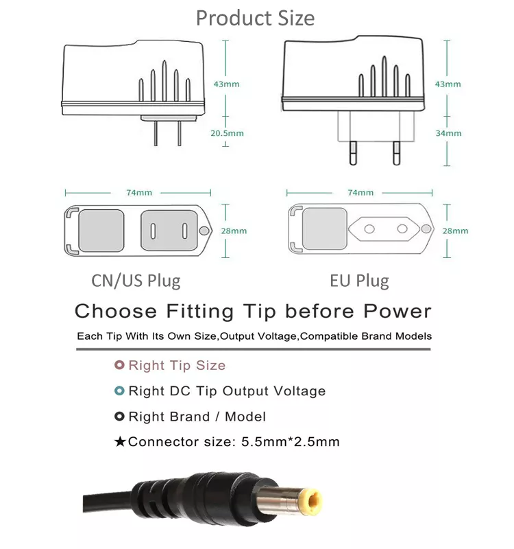 Horizontal and vertical dimensions of power adapter